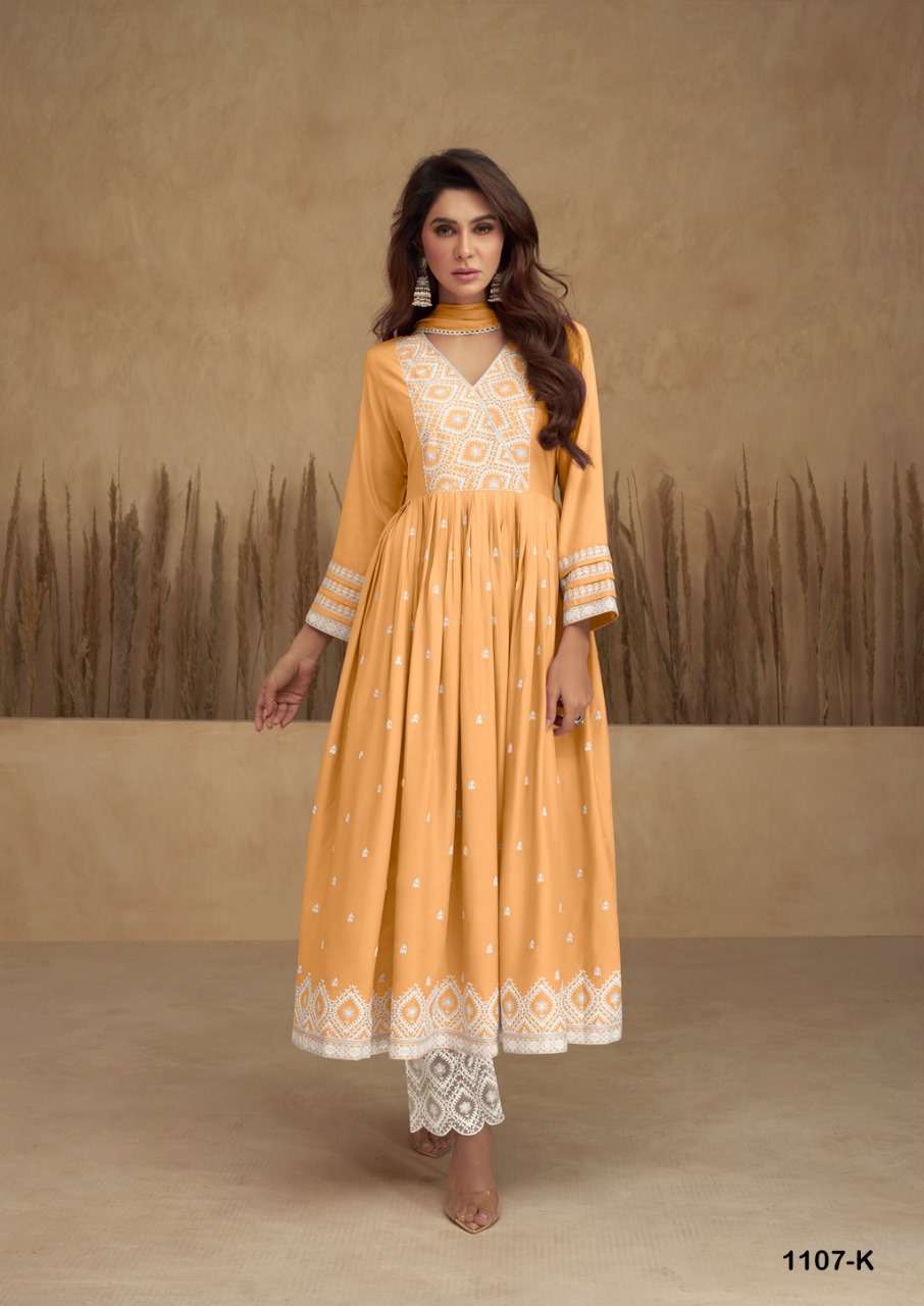 AADHRA VOL 5 LIGHT COLOR PURE RAYON LAKHNAWI WORK NAYRA CUT KURTI WITH COTTON PLAZZO AND DUPATTA BY S3FOREVER BRAND 1107 K